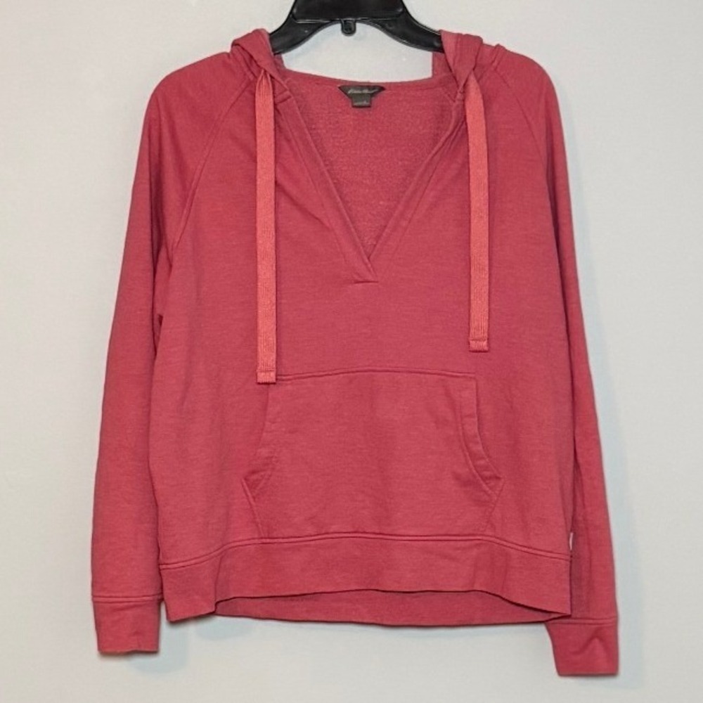 Eddie Bauer Womens V-Neck Hoodie Coral Pink Fleece Pullover D1159284 L